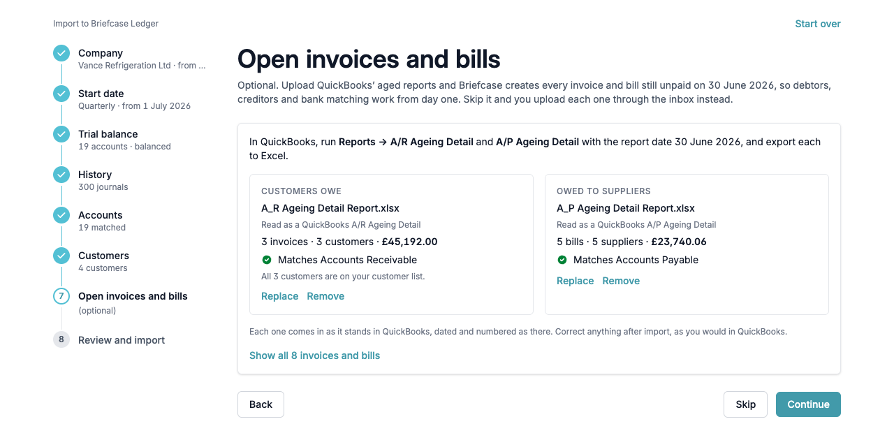 The Open invoices and bills step with both ageing reports matching their accounts