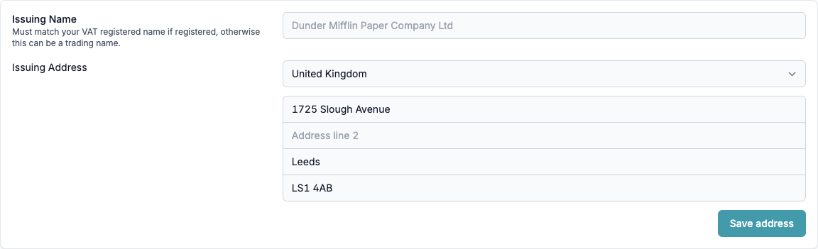 The issuing name and address in Business settings, Invoicing