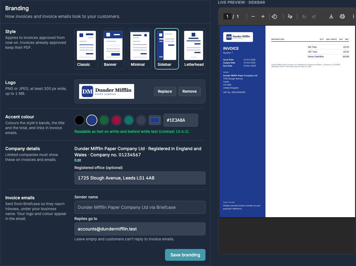 Branding settings with style, logo, accent colour, company details and invoice emails, next to a live preview