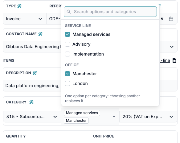 A bill line with the reporting categories picker open, showing Managed services and Manchester ticked