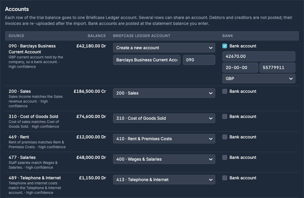 The Accounts step with the suggested Briefcase Ledger account for each row and a bank account with its statement balance, sort code and account number