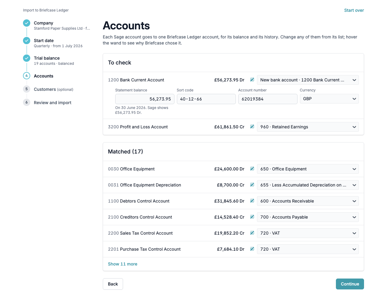 Accounts The Accounts step with the bank account details and the matched accounts