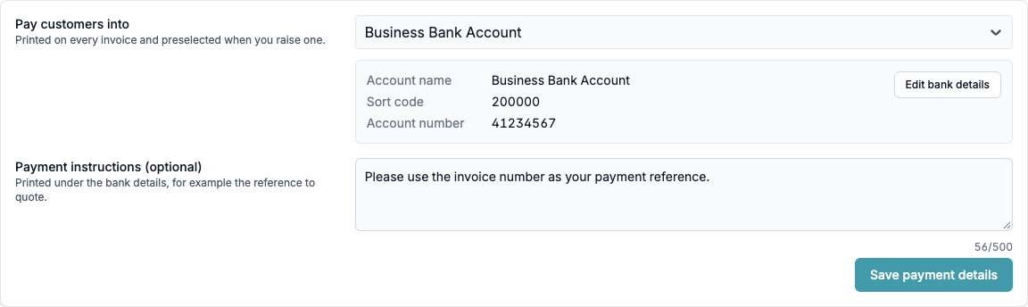 Pay customers into set to a bank account, with payment instructions underneath