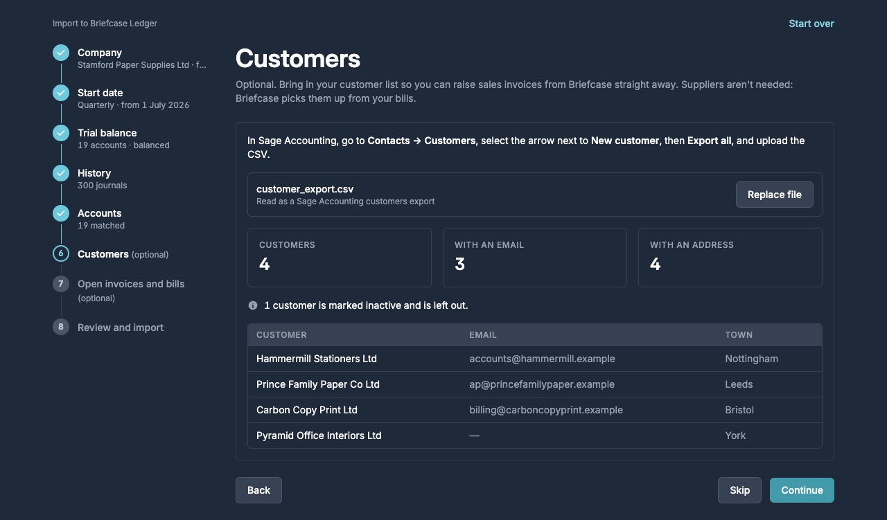 The Customers step showing four customers read from the Sage export