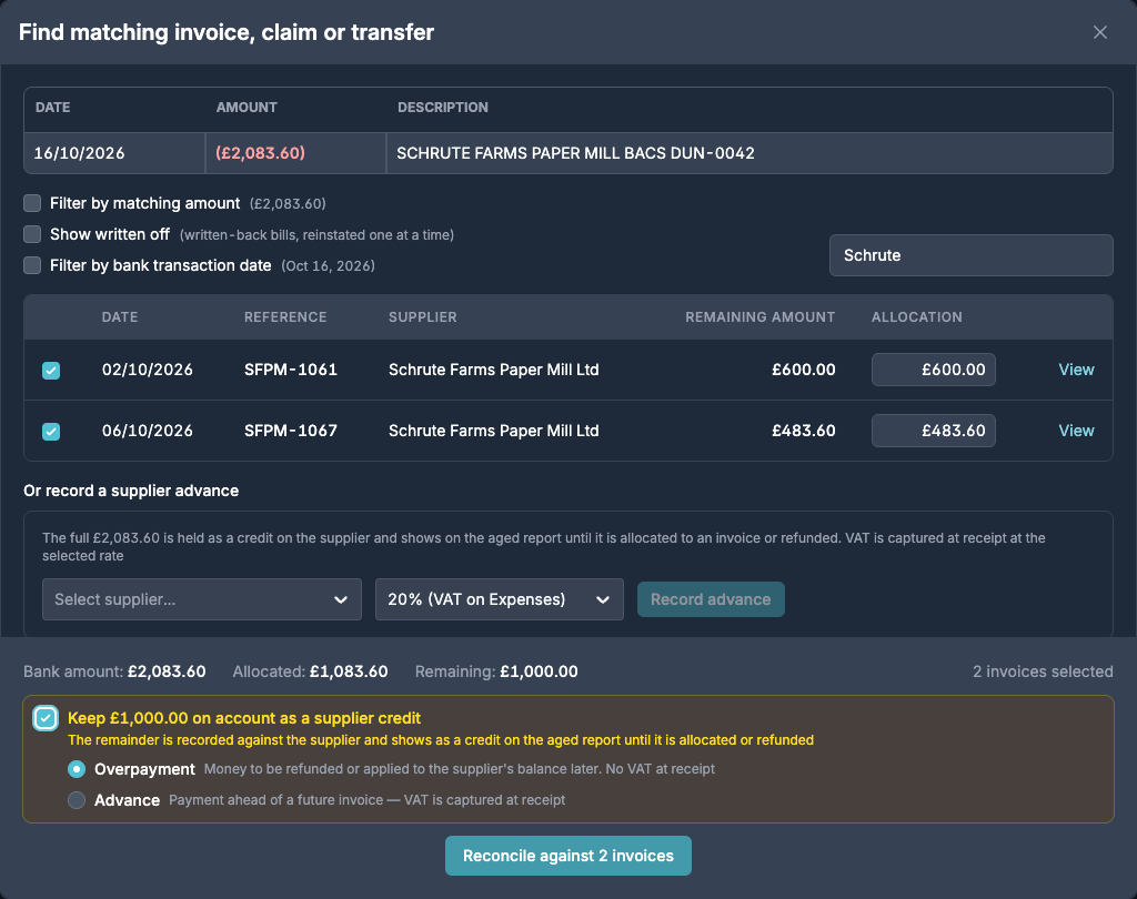 The Match window with two Schrute Farms invoices ticked, £1,000.00 remaining, Keep on account ticked and Overpayment selected