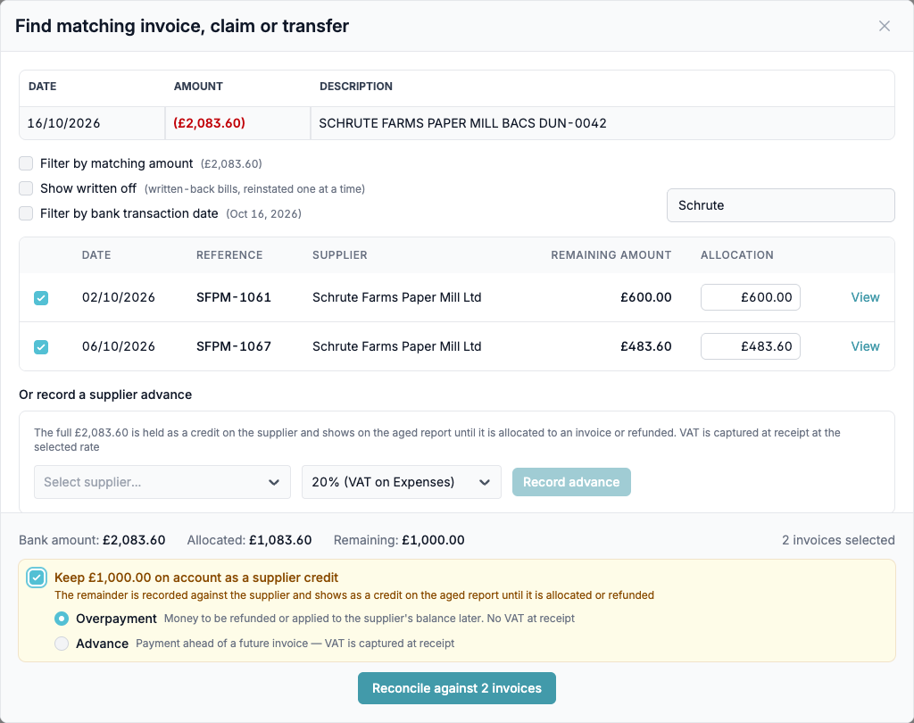 The Match window with two Schrute Farms invoices ticked, £1,000.00 remaining, Keep on account ticked and Overpayment selected
