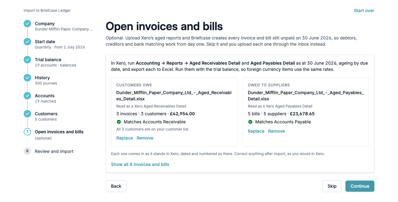 The Open invoices and bills step with both aged reports matching their accounts