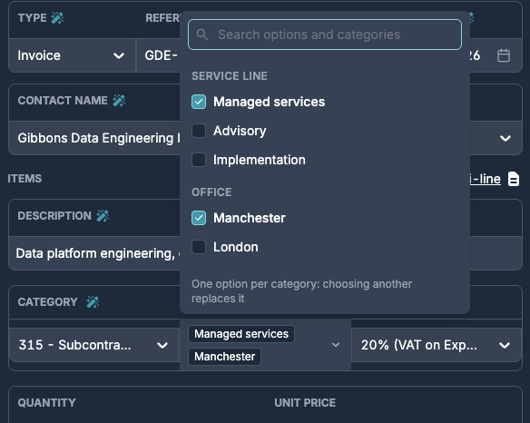 A bill line with the reporting categories picker open, showing Managed services and Manchester ticked