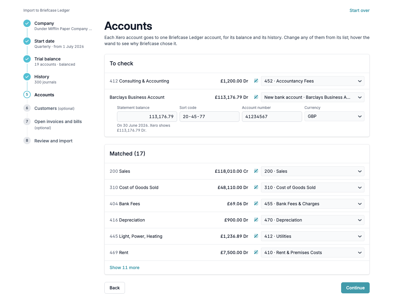 The Accounts step with the accounts to check, a bank account with its details, and the matched accounts