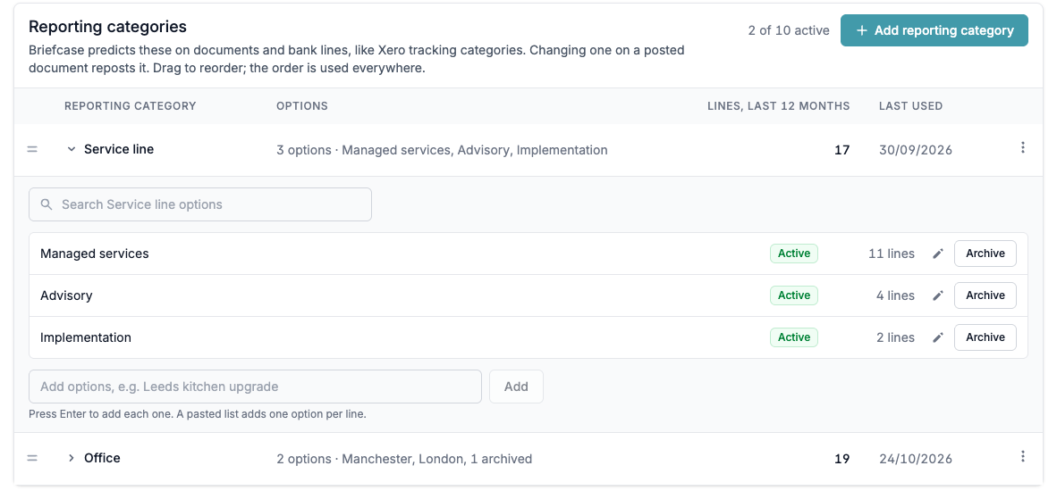 Reporting categories in Business settings, with a Service line category open to show its options