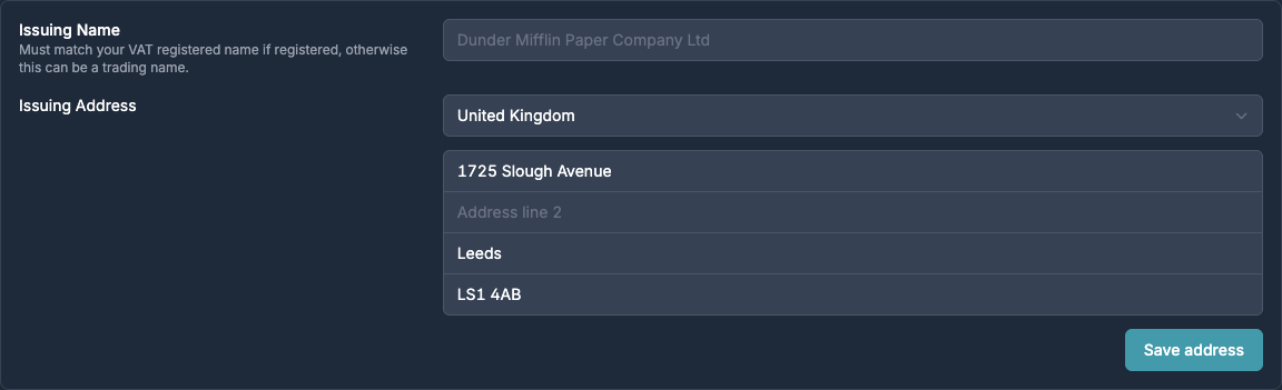 The issuing name and address in Business settings, Invoicing