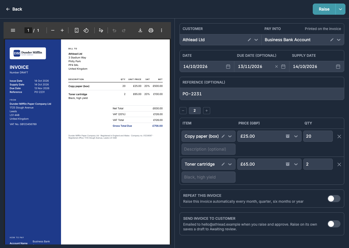 The Raise invoice page with the PDF preview on the left and the customer, dates, reference and lines on the right