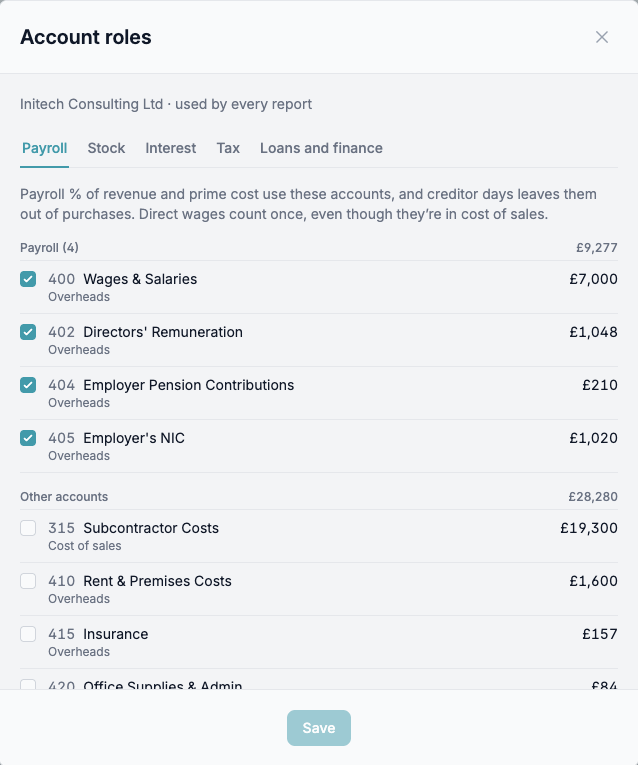 Tick the accounts for each role Account roles with the Payroll tab open, showing four payroll accounts ticked and other accounts below