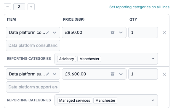 Two sales invoice lines, each with its own reporting categories, and the Set reporting categories on all lines link