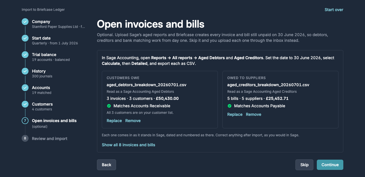 The Open invoices and bills step with both aged reports matching their accounts