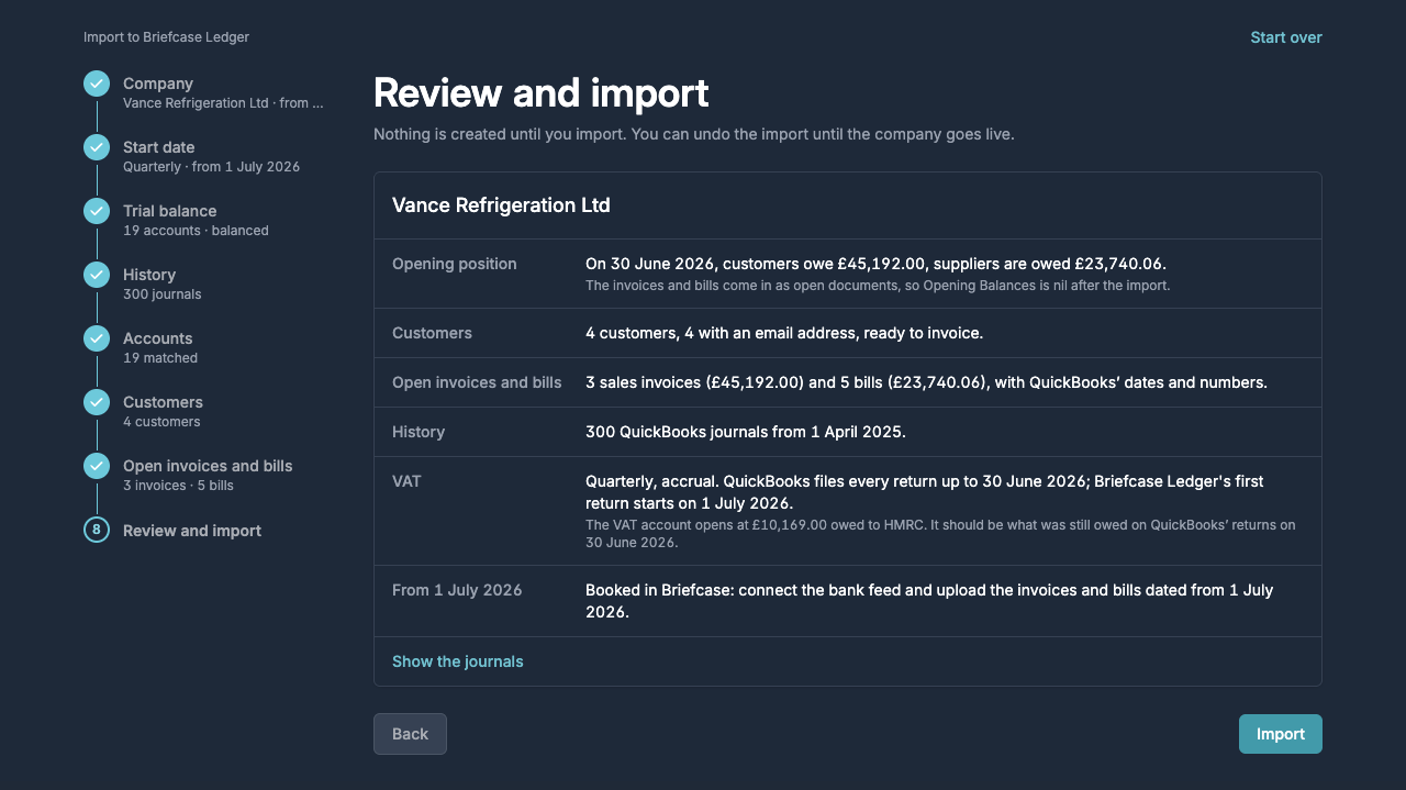 The Review and import step summarising the opening position, customers, open items, history and VAT