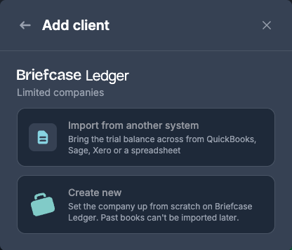 Import from another system The Add client window with Import from another system and Create new