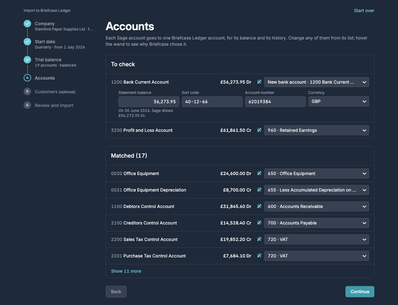 Accounts The Accounts step with the bank account details and the matched accounts