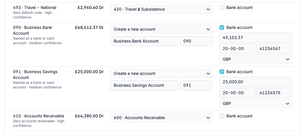 Two bank accounts ticked as Bank account, with their statement balance, sort code, account number and currency