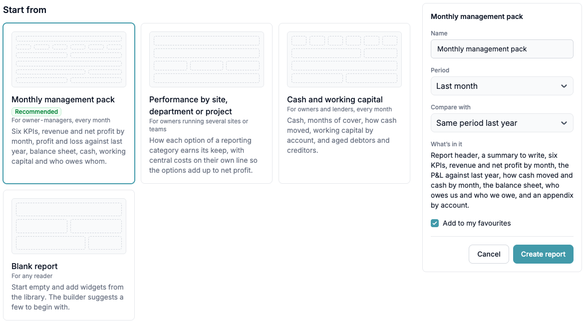 Start from a template The New report page with four templates and the settings for a monthly management pack