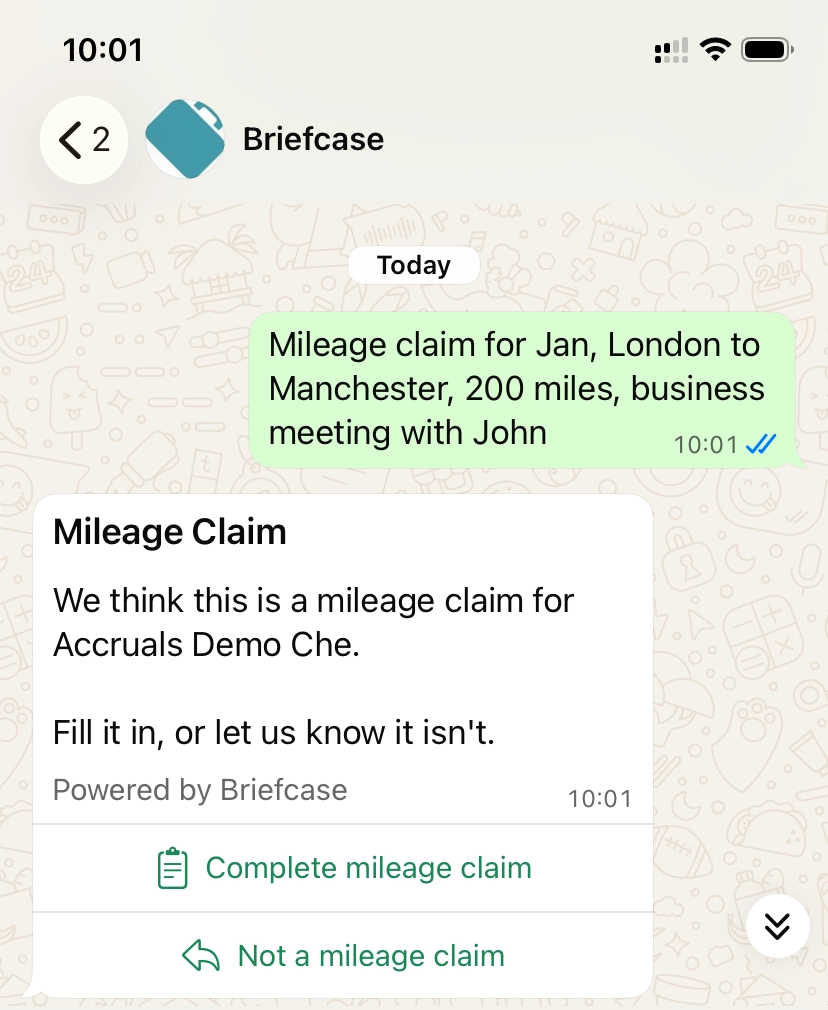 A WhatsApp message describing a journey, with Briefcase replying with a Complete mileage claim button