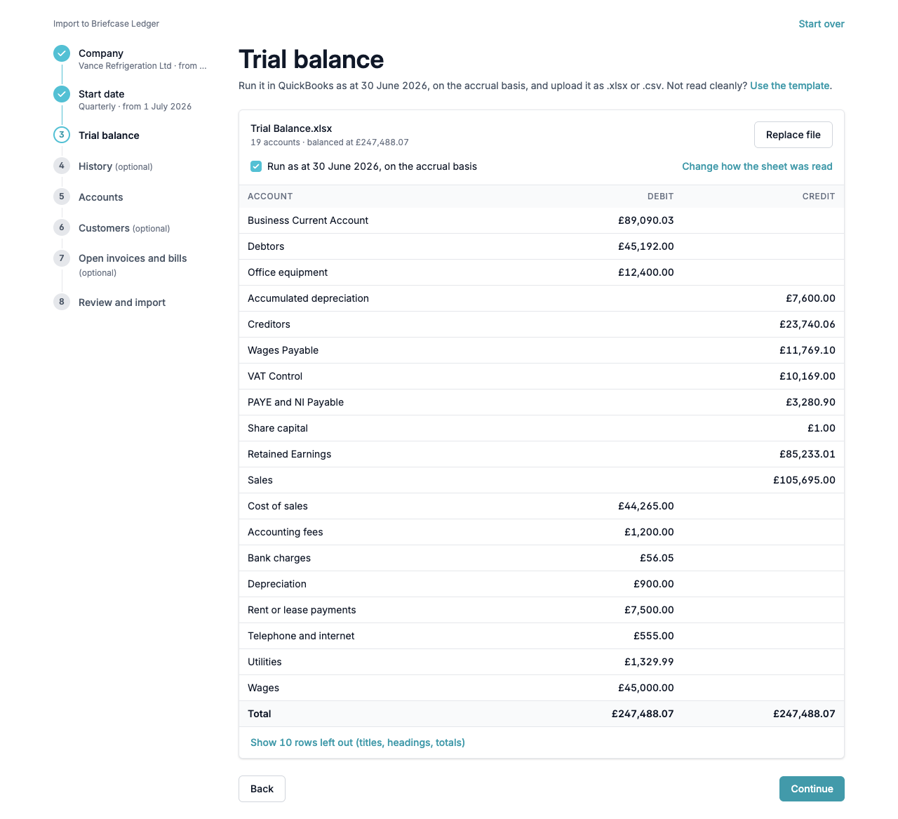 The Trial balance step showing the accounts read from the QuickBooks trial balance