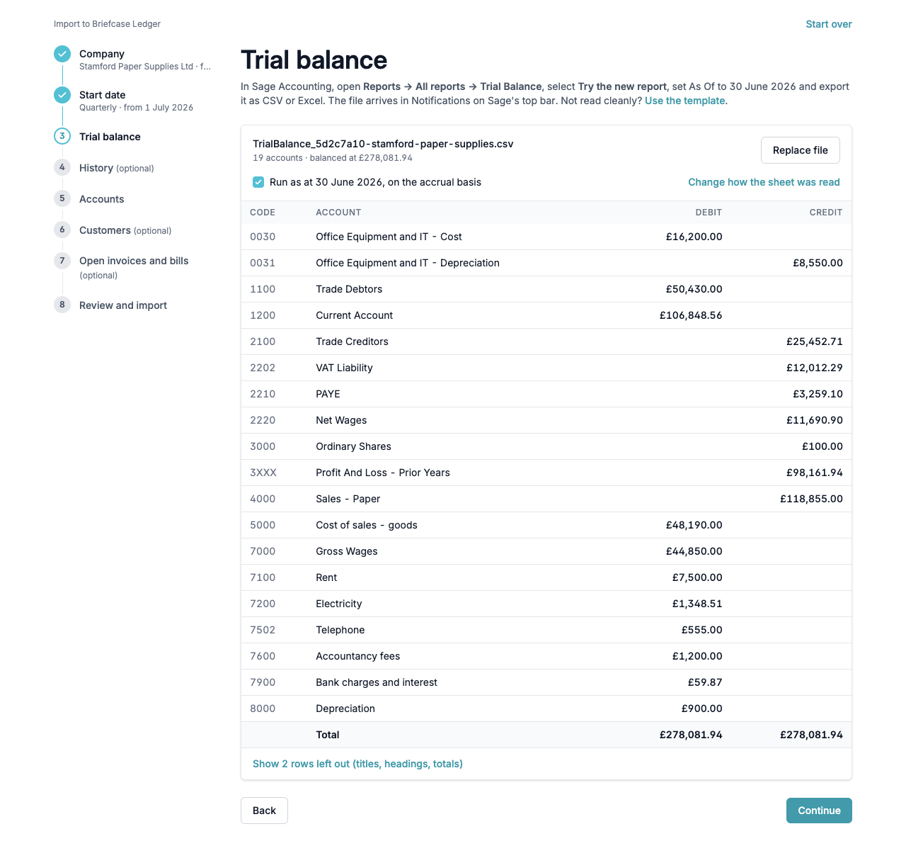 The Trial balance step showing the accounts read from Sage's new Trial Balance report