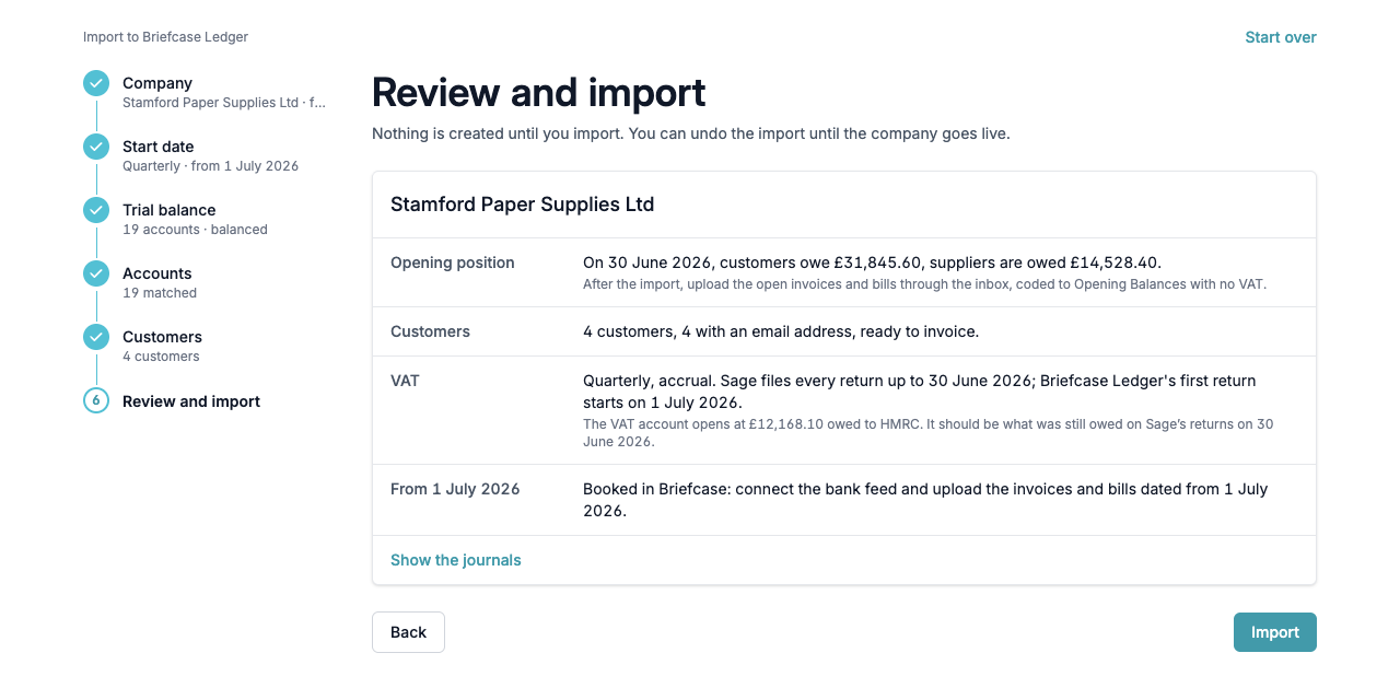 Review and import The Review and import step summarising the opening position, customers and VAT
