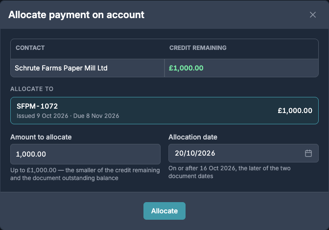 The Allocate payment on account window allocating £1,000.00 to invoice SFPM-1072