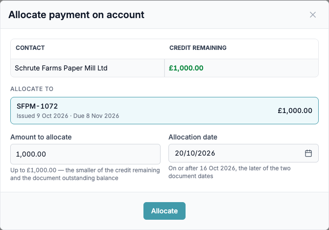 The Allocate payment on account window allocating £1,000.00 to invoice SFPM-1072