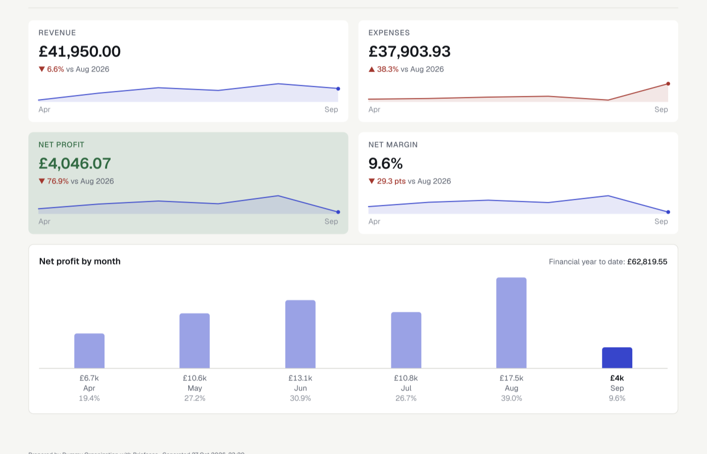 A page from a profit and loss PDF with revenue, expenses, net profit and net margin tiles above net profit by month